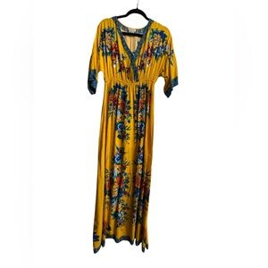 Flying Tomato Mustard Yellow Floral V-Neck Maxi Dress Size M